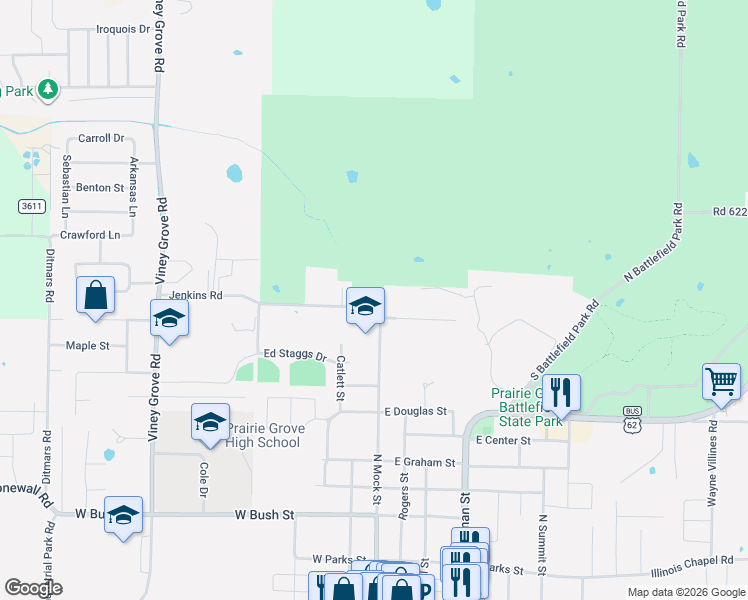 map of restaurants, bars, coffee shops, grocery stores, and more near 102 Jenkins Road in Prairie Grove