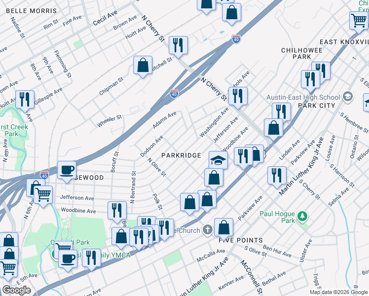 map of restaurants, bars, coffee shops, grocery stores, and more near 2413 Washington Avenue in Knoxville