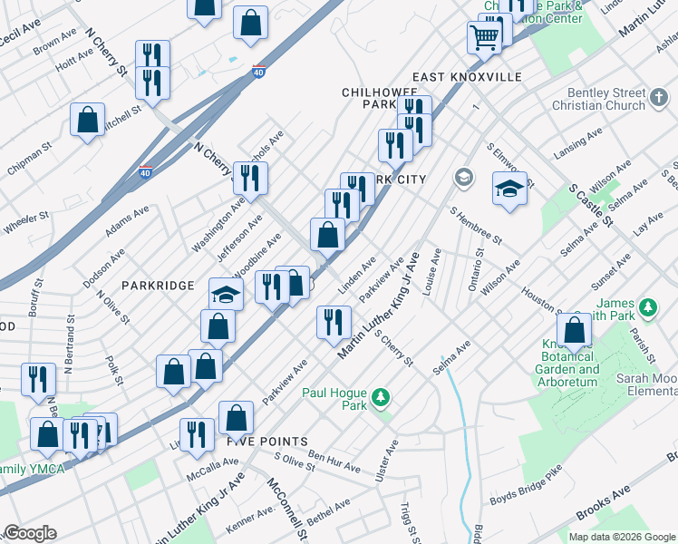 map of restaurants, bars, coffee shops, grocery stores, and more near 316 North Cherry Street in Knoxville