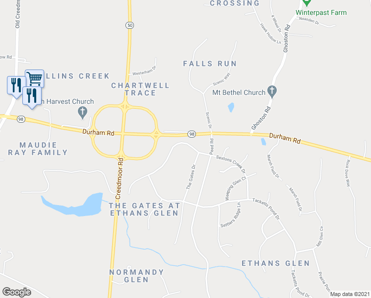 map of restaurants, bars, coffee shops, grocery stores, and more near 7429 Sextons Creek Drive in Raleigh