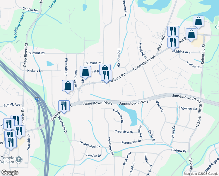 map of restaurants, bars, coffee shops, grocery stores, and more near 908 Greensboro Road in High Point