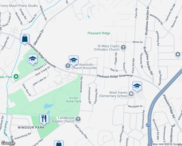 map of restaurants, bars, coffee shops, grocery stores, and more near 2244 Venetian Way in Knoxville