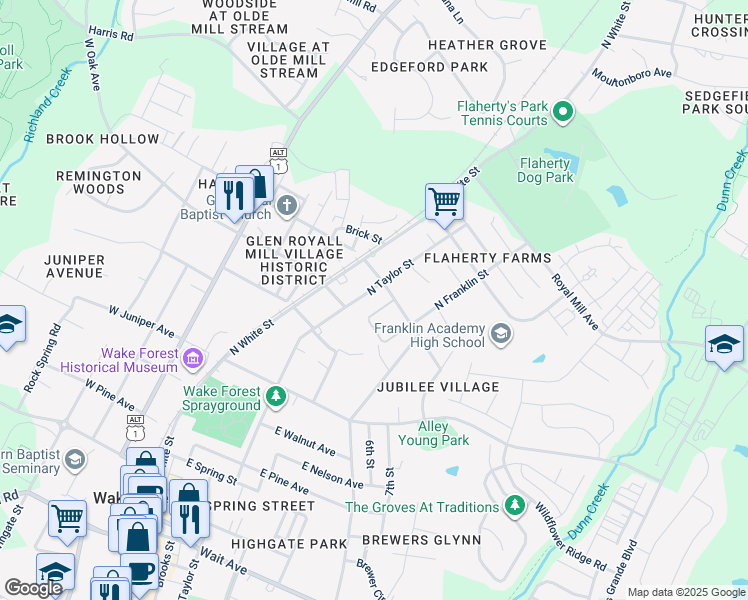 map of restaurants, bars, coffee shops, grocery stores, and more near 728 North Taylor Street in Wake Forest
