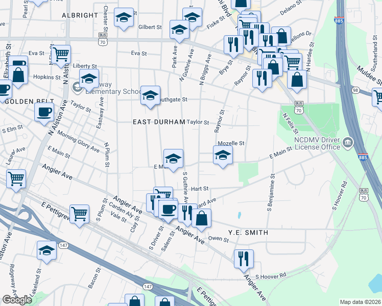 map of restaurants, bars, coffee shops, grocery stores, and more near 108 North Guthrie Avenue in Durham