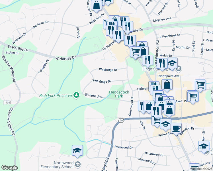 map of restaurants, bars, coffee shops, grocery stores, and more near 219 Pine Ridge Drive in High Point