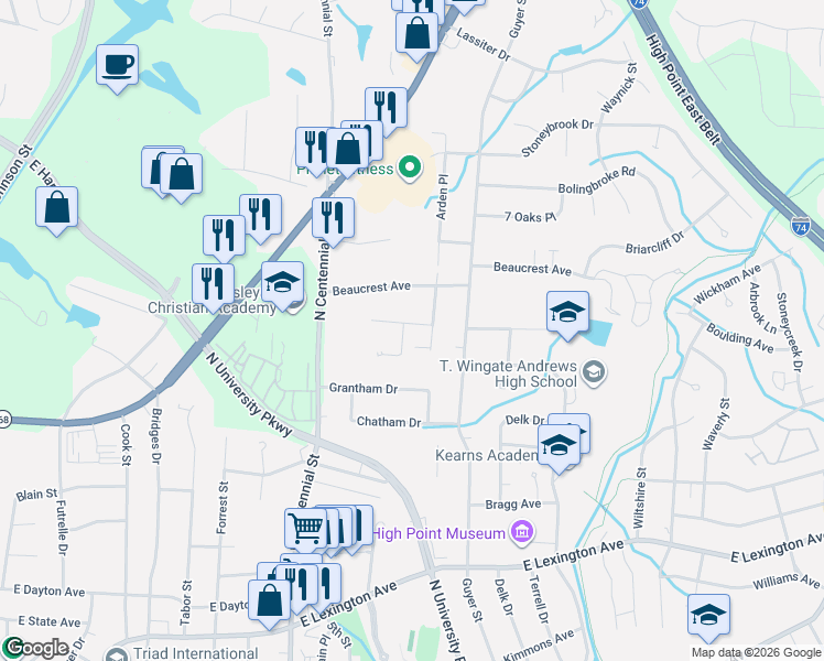 map of restaurants, bars, coffee shops, grocery stores, and more near 1803 Arden Place in High Point