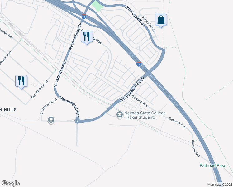 map of restaurants, bars, coffee shops, grocery stores, and more near 1154 Paradise Home Road in Henderson