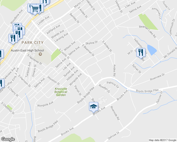map of restaurants, bars, coffee shops, grocery stores, and more near 224 Pickering Street in Knoxville