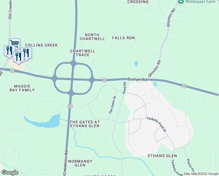map of restaurants, bars, coffee shops, grocery stores, and more near 7429 Sextons Creek Drive in Raleigh
