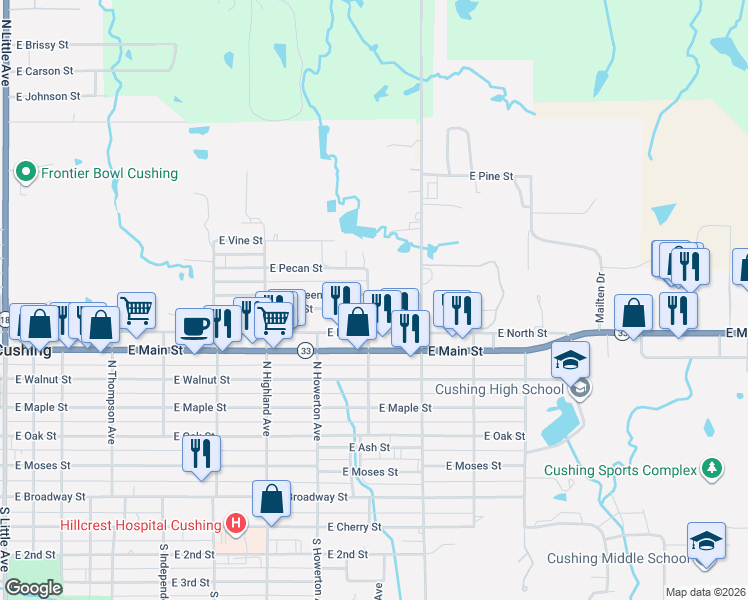 map of restaurants, bars, coffee shops, grocery stores, and more near 700 North Michigan Avenue in Cushing