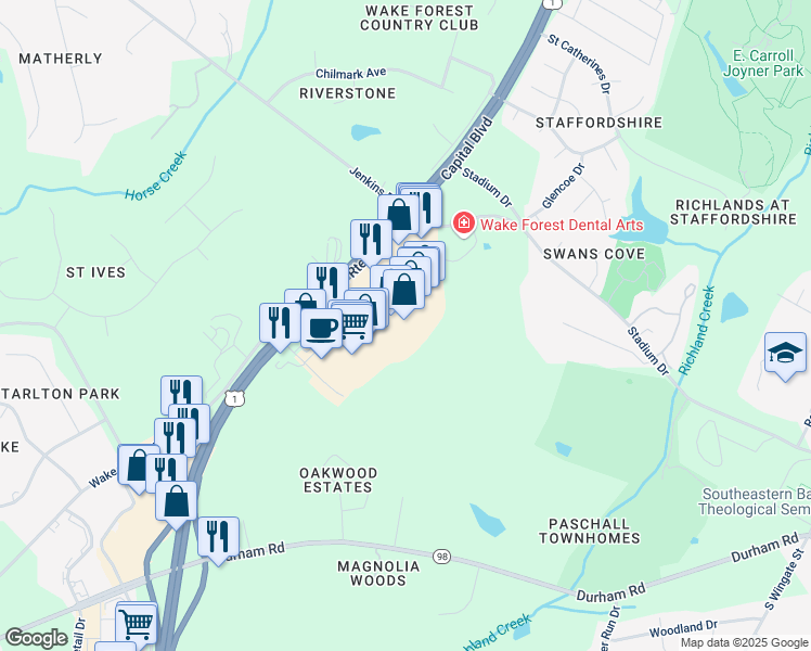 map of restaurants, bars, coffee shops, grocery stores, and more near 12620 Capital Boulevard in Wake Forest