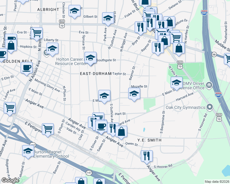 map of restaurants, bars, coffee shops, grocery stores, and more near 108 North Guthrie Avenue in Durham