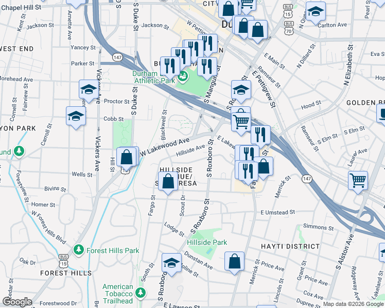 map of restaurants, bars, coffee shops, grocery stores, and more near 120 Chestnut Street in Durham