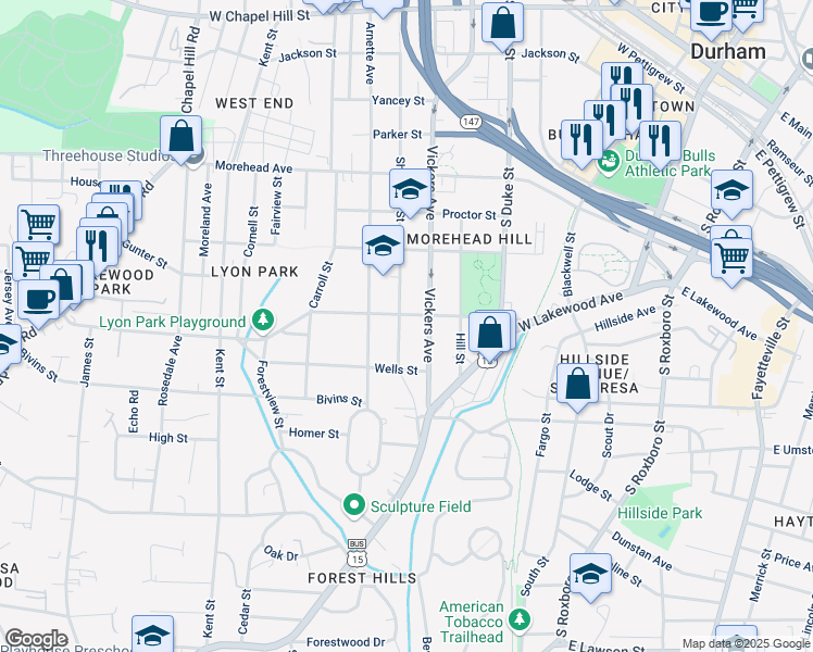 map of restaurants, bars, coffee shops, grocery stores, and more near 1310 Shepherd Street in Durham