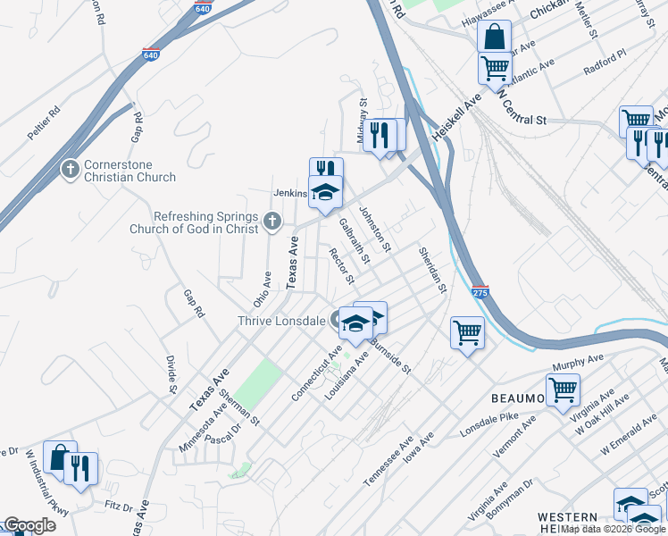 map of restaurants, bars, coffee shops, grocery stores, and more near 1218 Minnesota Avenue in Knoxville