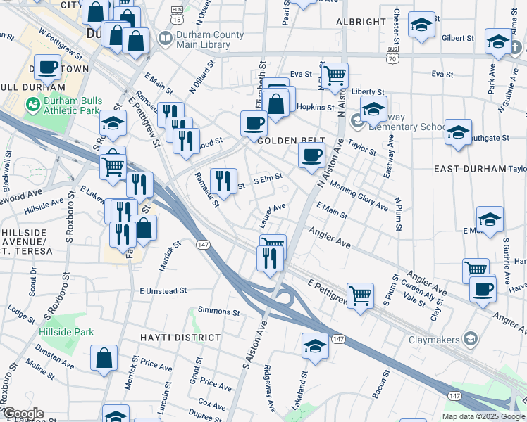 map of restaurants, bars, coffee shops, grocery stores, and more near 132 Laurel Avenue in Durham