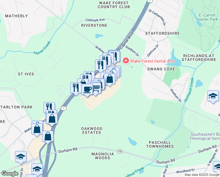 map of restaurants, bars, coffee shops, grocery stores, and more near 12620 Capital Boulevard in Wake Forest