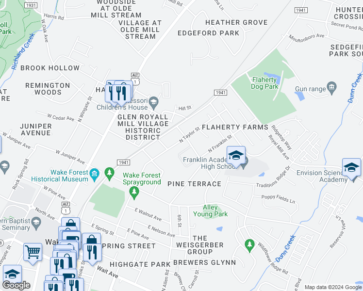 map of restaurants, bars, coffee shops, grocery stores, and more near 726 North Taylor Street in Wake Forest