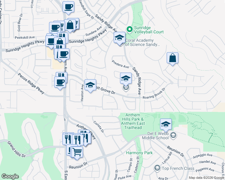 map of restaurants, bars, coffee shops, grocery stores, and more near 2471 Walsh Glen Court in Henderson