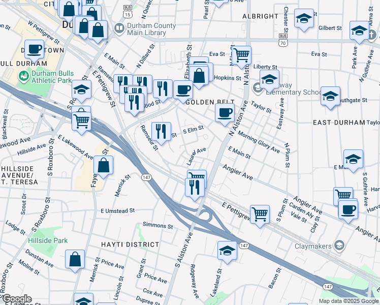 map of restaurants, bars, coffee shops, grocery stores, and more near 132 Laurel Avenue in Durham