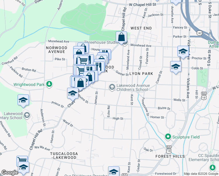 map of restaurants, bars, coffee shops, grocery stores, and more near 1704 West Lakewood Avenue in Durham