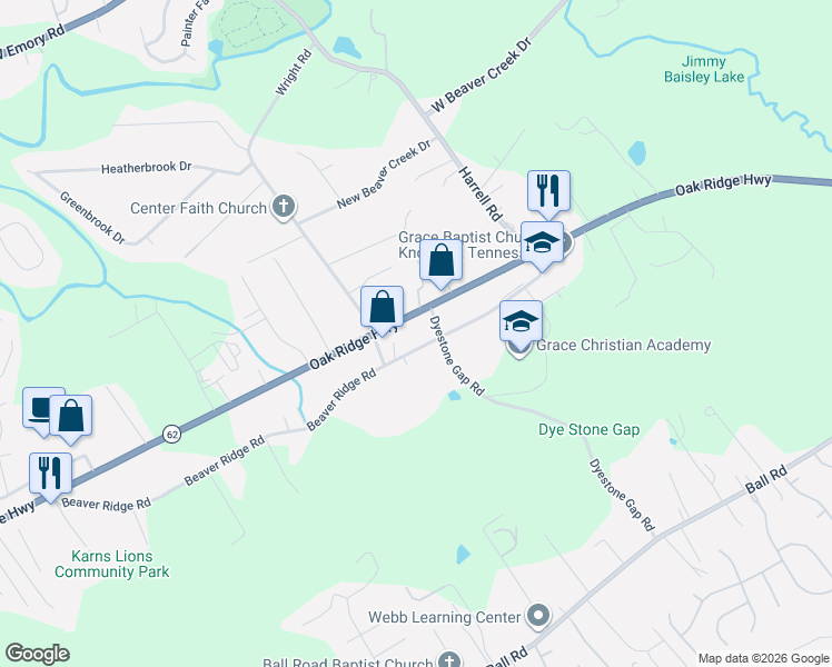 map of restaurants, bars, coffee shops, grocery stores, and more near 7241 Oak Ridge Highway in Knoxville
