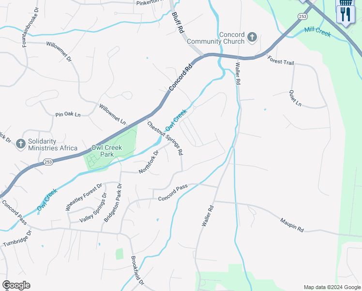 map of restaurants, bars, coffee shops, grocery stores, and more near 1510 Chestnut Springs Road in Brentwood
