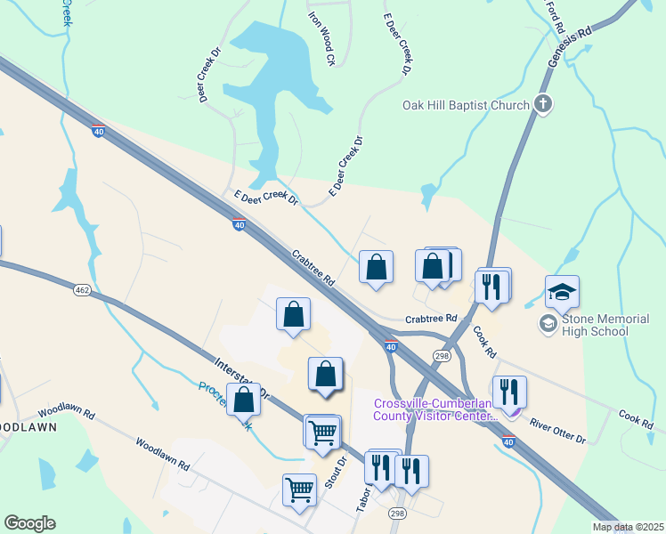 map of restaurants, bars, coffee shops, grocery stores, and more near 37 Park Lane in Crossville