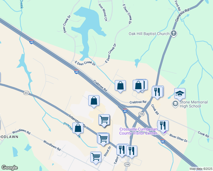 map of restaurants, bars, coffee shops, grocery stores, and more near 37 Park Ln in Crossville
