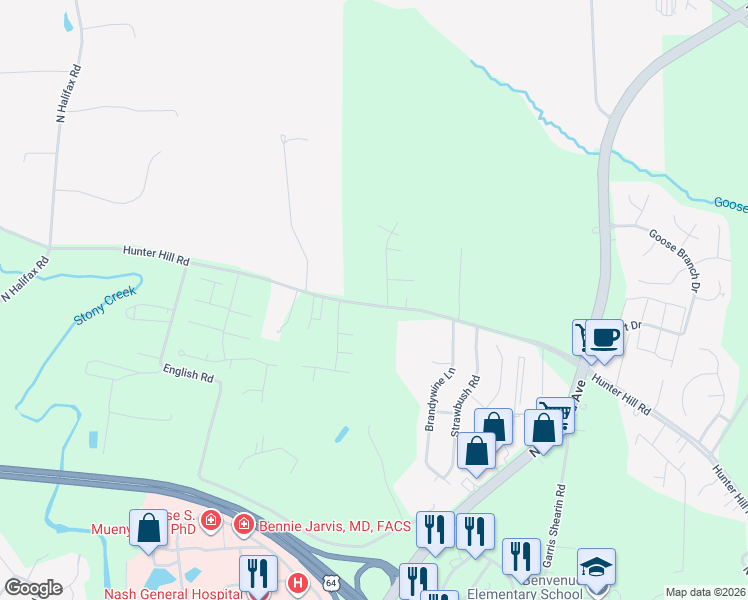 map of restaurants, bars, coffee shops, grocery stores, and more near 7139-7147 Hunter Hill Road in Rocky Mount