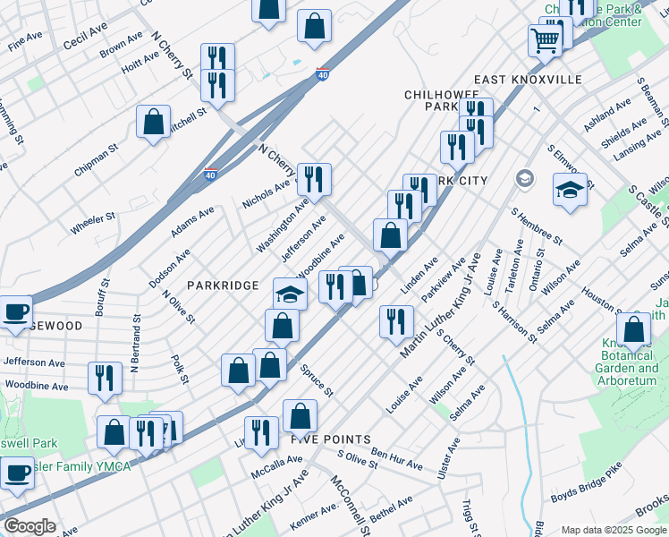map of restaurants, bars, coffee shops, grocery stores, and more near 2515 East 5th Avenue in Knoxville