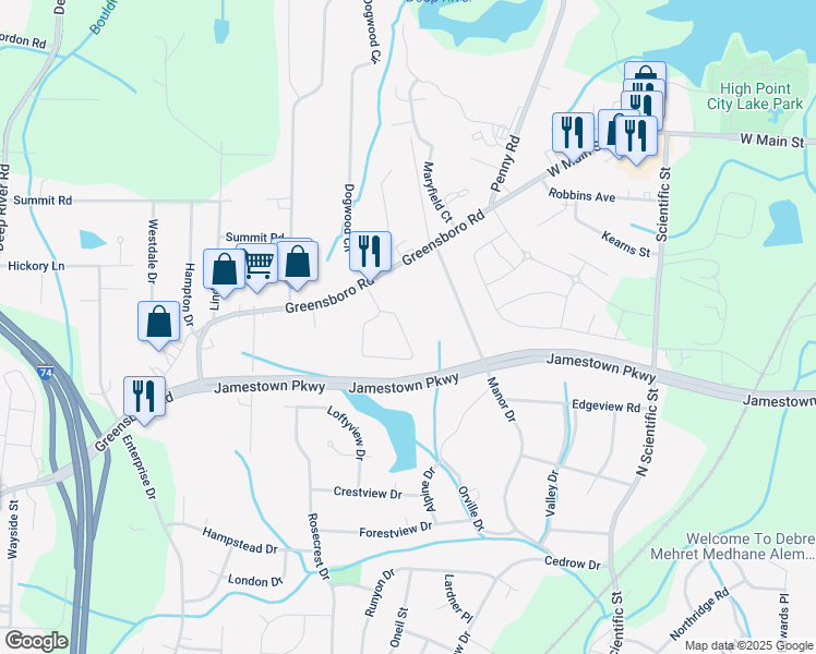 map of restaurants, bars, coffee shops, grocery stores, and more near 254 Crestwood Circle in High Point