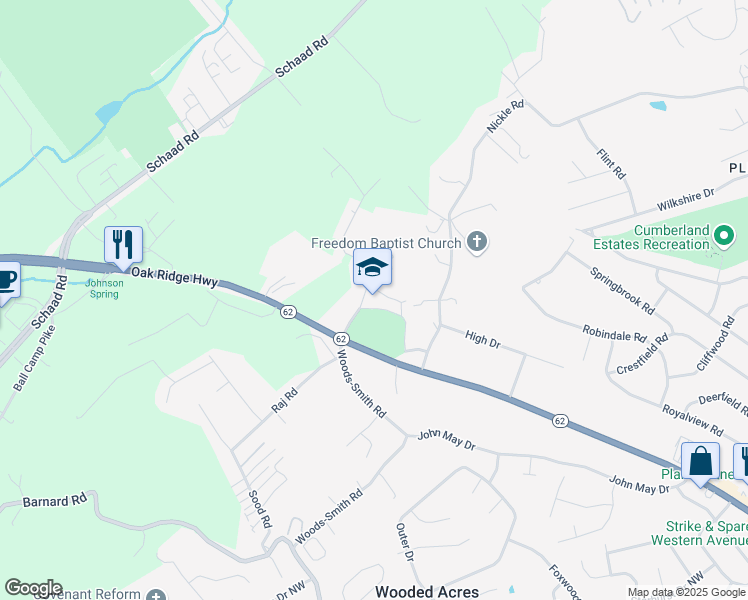 map of restaurants, bars, coffee shops, grocery stores, and more near 4600 Ridgedale Road in Knoxville