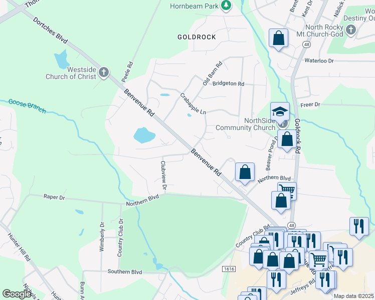 map of restaurants, bars, coffee shops, grocery stores, and more near 2043 Bridgewood Road in Rocky Mount