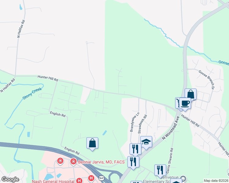 map of restaurants, bars, coffee shops, grocery stores, and more near 7139-7147 Hunter Hill Road in Rocky Mount