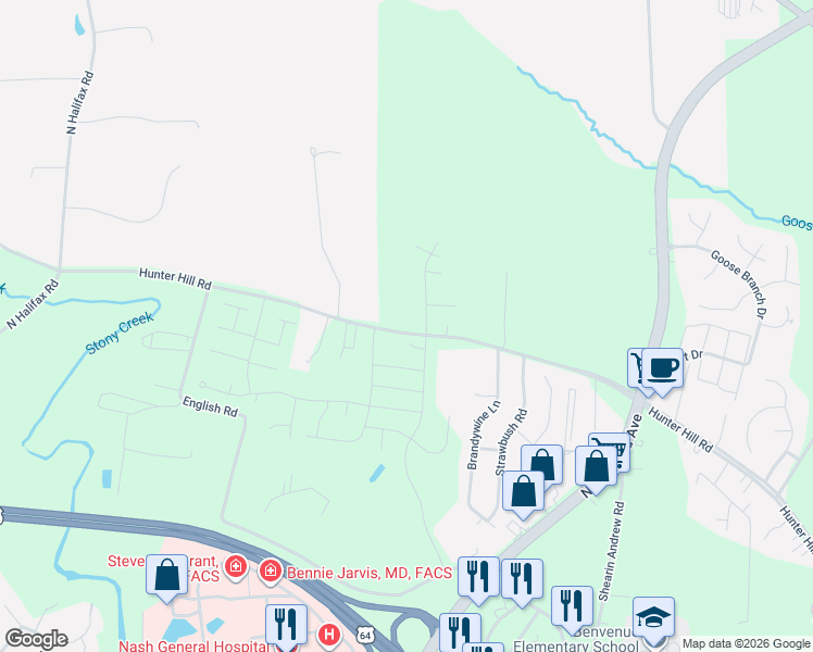 map of restaurants, bars, coffee shops, grocery stores, and more near 7139-7147 Hunter Hill Road in Rocky Mount