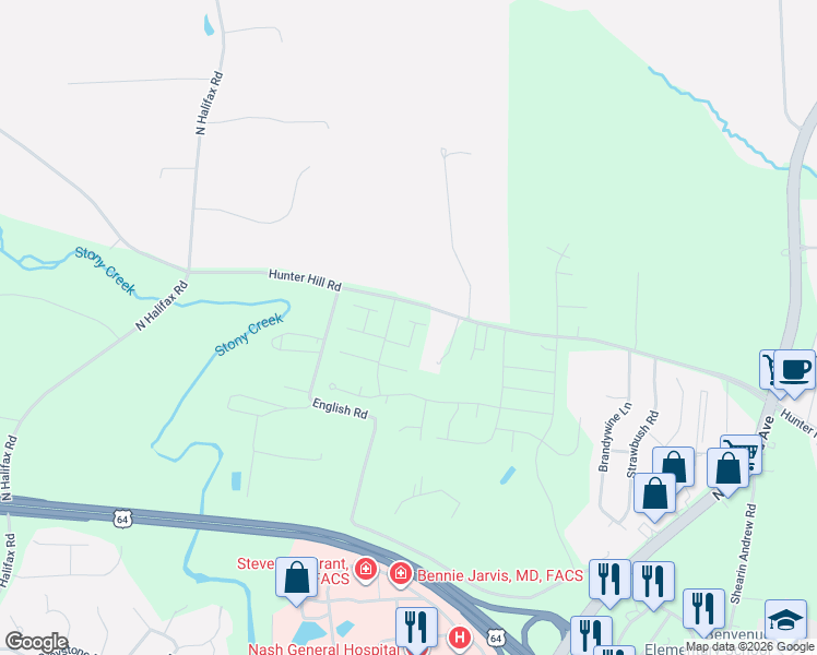 map of restaurants, bars, coffee shops, grocery stores, and more near Autumn Ridge Way in Rocky Mount