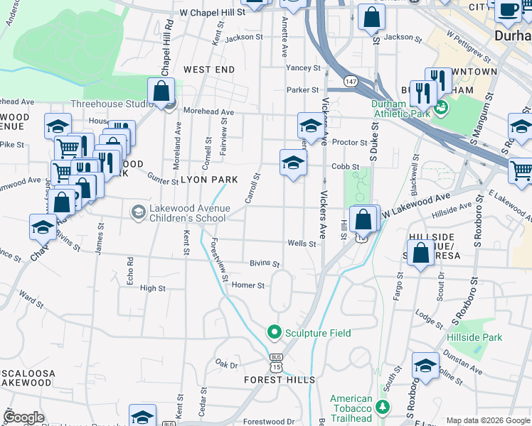 map of restaurants, bars, coffee shops, grocery stores, and more near 1310 Arnette Avenue in Durham