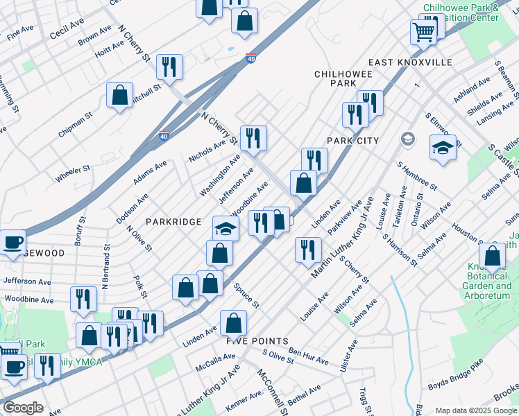 map of restaurants, bars, coffee shops, grocery stores, and more near 2515 East 5th Avenue in Knoxville