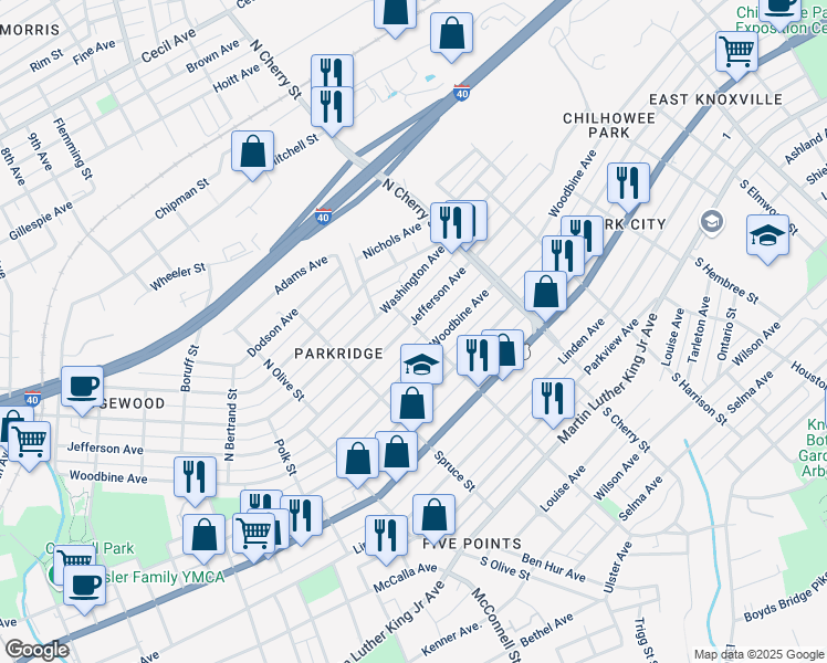 map of restaurants, bars, coffee shops, grocery stores, and more near 2442 Jefferson Avenue in Knoxville