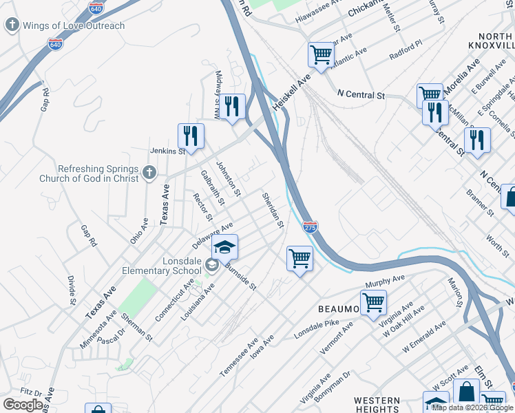 map of restaurants, bars, coffee shops, grocery stores, and more near 1016 Delaware Avenue in Knoxville