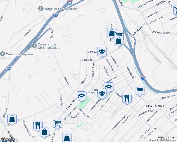 map of restaurants, bars, coffee shops, grocery stores, and more near 1219 Texas Avenue in Knoxville