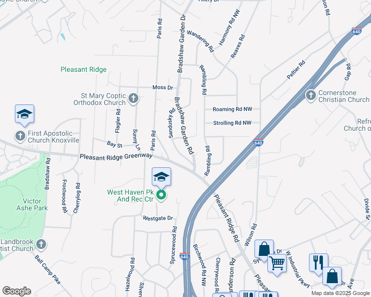 map of restaurants, bars, coffee shops, grocery stores, and more near 2219 Bradshaw Garden Road in Knoxville