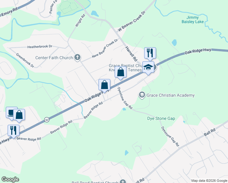 map of restaurants, bars, coffee shops, grocery stores, and more near 7241 Oak Ridge Highway in Knoxville