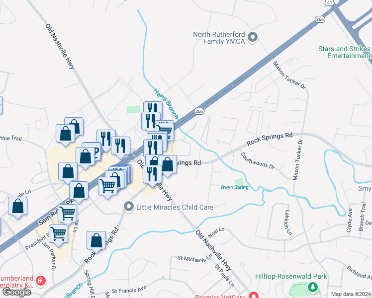map of restaurants, bars, coffee shops, grocery stores, and more near 800 Needham Drive in Smyrna