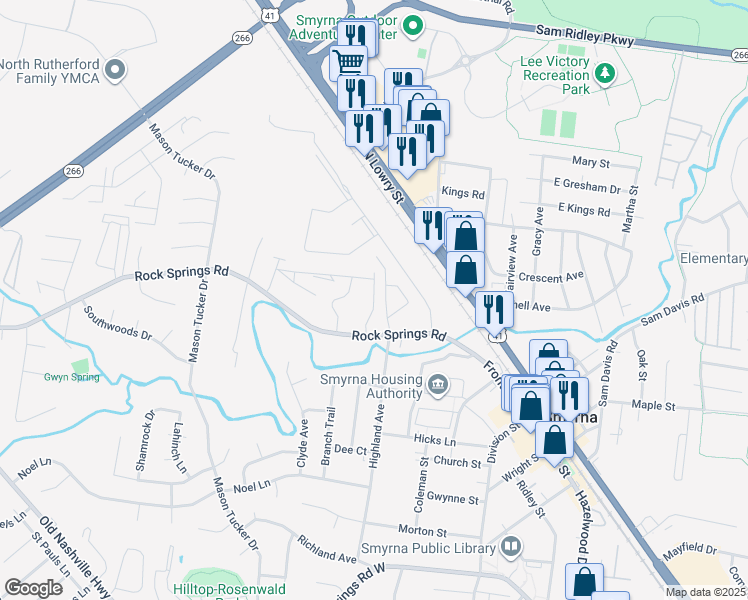 map of restaurants, bars, coffee shops, grocery stores, and more near 528 Rock Springs Road in Smyrna