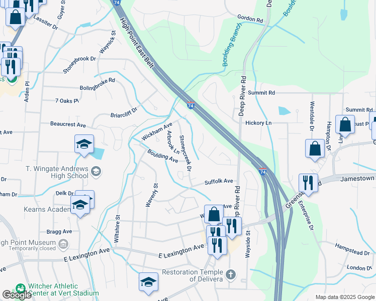 map of restaurants, bars, coffee shops, grocery stores, and more near 2025 Stoneycreek Drive in High Point