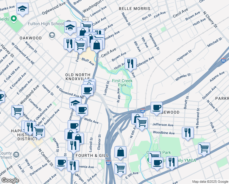 map of restaurants, bars, coffee shops, grocery stores, and more near 226 Leonard Place in Knoxville