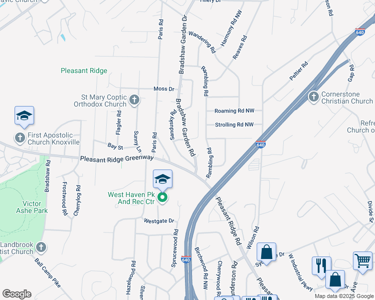 map of restaurants, bars, coffee shops, grocery stores, and more near 2219 Bradshaw Garden Road in Knoxville