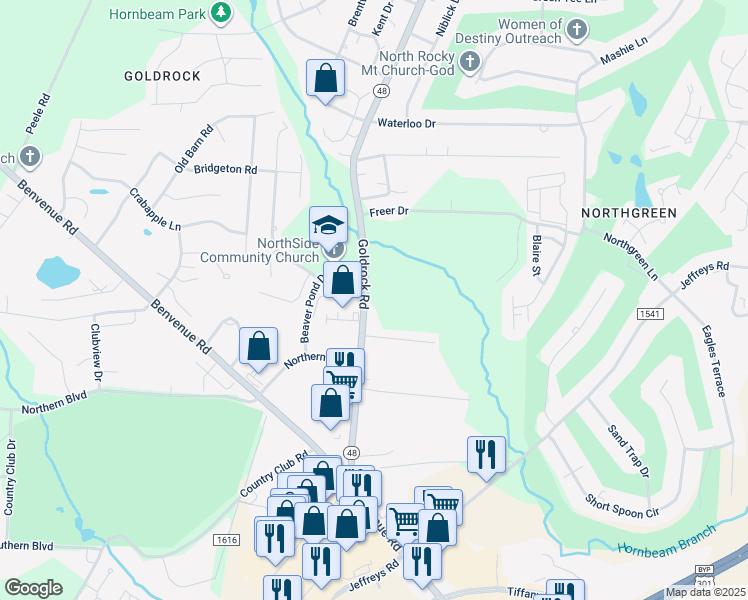 map of restaurants, bars, coffee shops, grocery stores, and more near Highway 48 in Rocky Mount